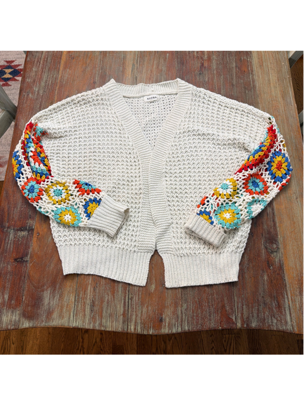 ADORA Crochet Granny Square Sleeve Cardigan Cream Open Front Sweater Medium